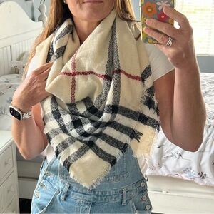 Cream with black and maroon stripes blanket scarf. 50”x50”